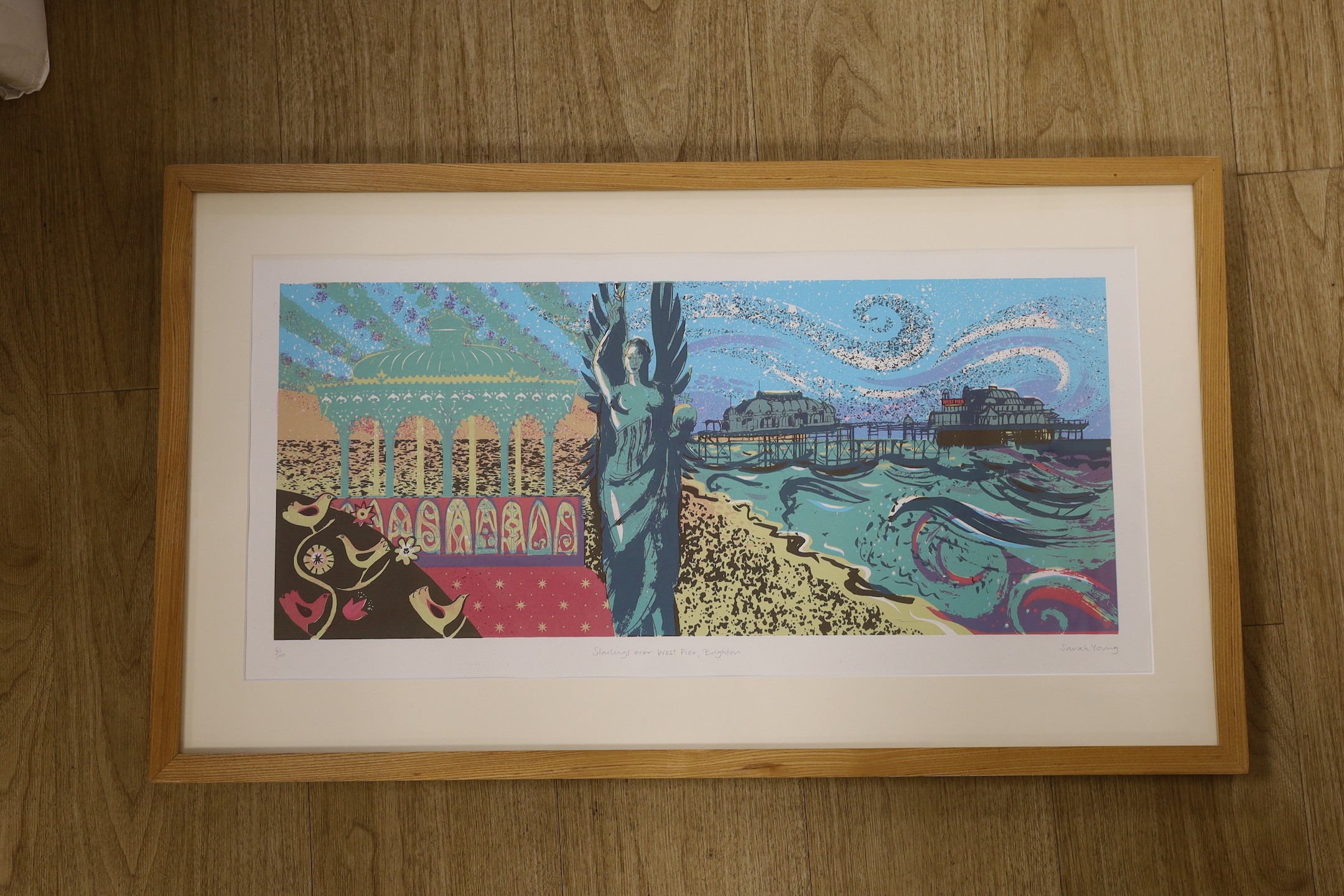 Sarah Young, limited edition screenprint, ‘Starlings Over West Pier’, 61/100, signed, 32 x 64cm